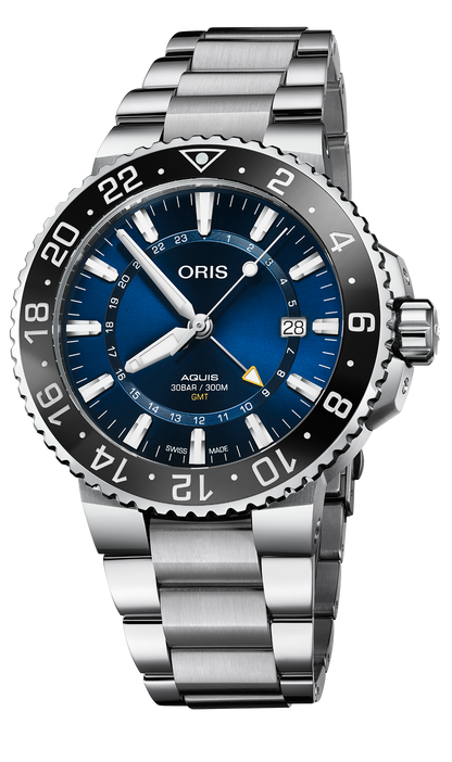 Aquis GMT Date, 43.50 mm, Blue, Stainless steel Strap, Stainless steel screw-in security crown, Multi-piece stainless steel case, ceramic GMT scale top ring