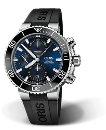 Aquis Chronograph, 45.50 mm, Blue, Rubber Strap, Stainless steel screw-in security crown and pushers, Multi-piece stainless steel case, ceramic minutes scale top ring