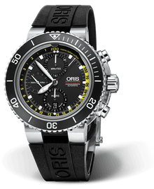 Aquis Depth Gauge Chronograph, 48.00 mm, Black, Rubber Strap, Stainless steel screw-in security crown and pushers, Multi-piece stainless steel case, ceramic minutes scale top ring
