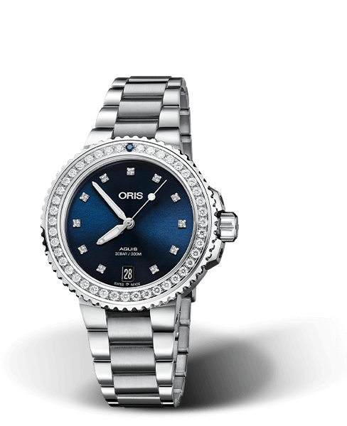 Aquis Date Diamonds, 36.50 mm, Blue, Stainless steel Strap, Stainless steel screw-in security crown, Multi-piece stainless steel case, minute scale top ring, set with 43 diamonds, VS , G/H (1,075ct.), 1 dark blue sapphire AAA (0.027ct.)
