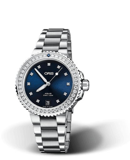 Aquis Date Diamonds, 36.50 mm, Blue, Stainless steel Strap, Stainless steel screw-in security crown, Multi-piece stainless steel case, minute scale top ring, set with 43 diamonds, VS , G/H (1,075ct.), 1 dark blue sapphire AAA (0.027ct.)