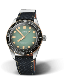 Oris x Momotaro, 40.00 mm, Green, Textile Strap, Stainless steel screw-in security crown, Multi-piece stainless steel/bronze case, minutes scale top ring