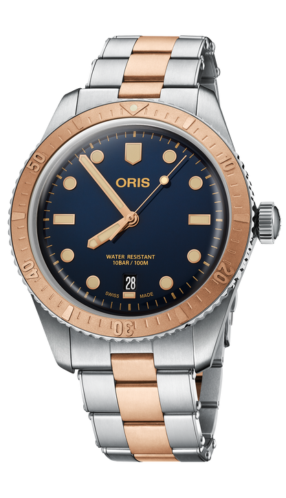 Divers Sixty-Five, 40.00 mm, Blue, Stainless steel Strap, Stainless steel screw-in security crown, Multi-piece stainless steel/bronze case, minutes scale top ring