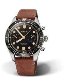 Divers Sixty-Five Chronograph, 43.00 mm, Black, Leather Strap, Stainless steel screw-in security crown and pushers, Multi-piece stainless steel/bronze case, minutes scale top ring