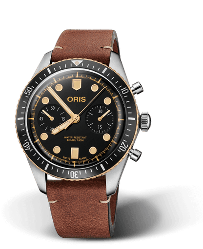Divers Sixty-Five Chronograph, 43.00 mm, Black, Leather Strap, Stainless steel screw-in security crown and pushers, Multi-piece stainless steel/bronze case, minutes scale top ring