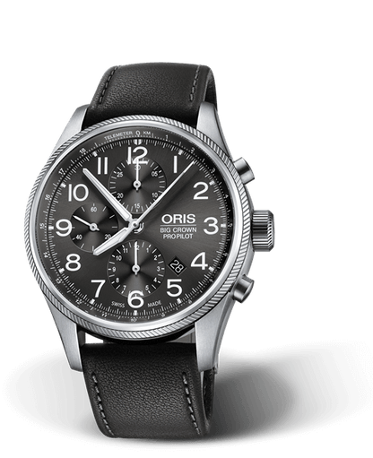 Big Crown ProPilot Chronograph, 44mm, Grey, Leather Strap, Stainless steel screw-in security crown and pushers, Multi-piece stainless steel case