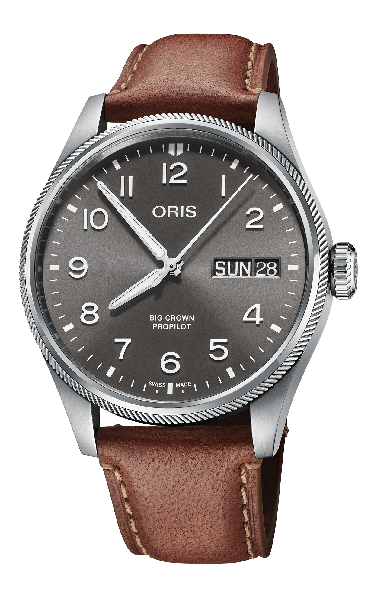 Big Crown ProPilot Big Day Date, 44mm, Grey, Leather Strap, Stainless steel screw-in security crown, Multi-piece stainless steel case
