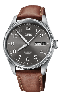 Big Crown ProPilot Big Day Date, 44mm, Grey, Leather Strap, Stainless steel screw-in security crown, Multi-piece stainless steel case