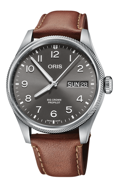Big Crown ProPilot Big Day Date, 44mm, Grey, Leather Strap, Stainless steel screw-in security crown, Multi-piece stainless steel case