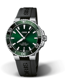 Aquis Date, 41.50 mm, Green, Rubber Strap, Stainless steel screw-in security crown, Multi-piece stainless steel case, ceramic minutes scale top ring