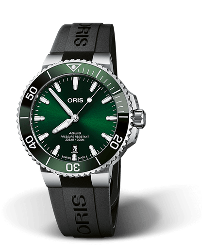 Aquis Date, 41.50 mm, Green, Rubber Strap, Stainless steel screw-in security crown, Multi-piece stainless steel case, ceramic minutes scale top ring