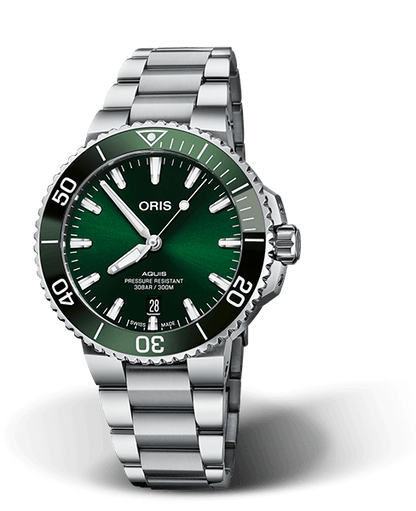 Aquis Date, 41.50 mm, Green, Stainless steel Strap, Stainless steel screw-in security crown, Multi-piece stainless steel case, ceramic minutes scale top ring