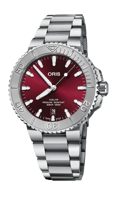 Aquis Date Relief, 41.50 mm, Red, Stainless steel Strap, Stainless steel screw-in security crown, Multi-piece stainless steel case, minutes scale top ring