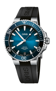 Aquis Date Calibre 400, 41.50 mm, Blue, Rubber Strap, Stainless steel screw-in security crown, Multi-piece stainless steel case, ceramic minutes scale top ring