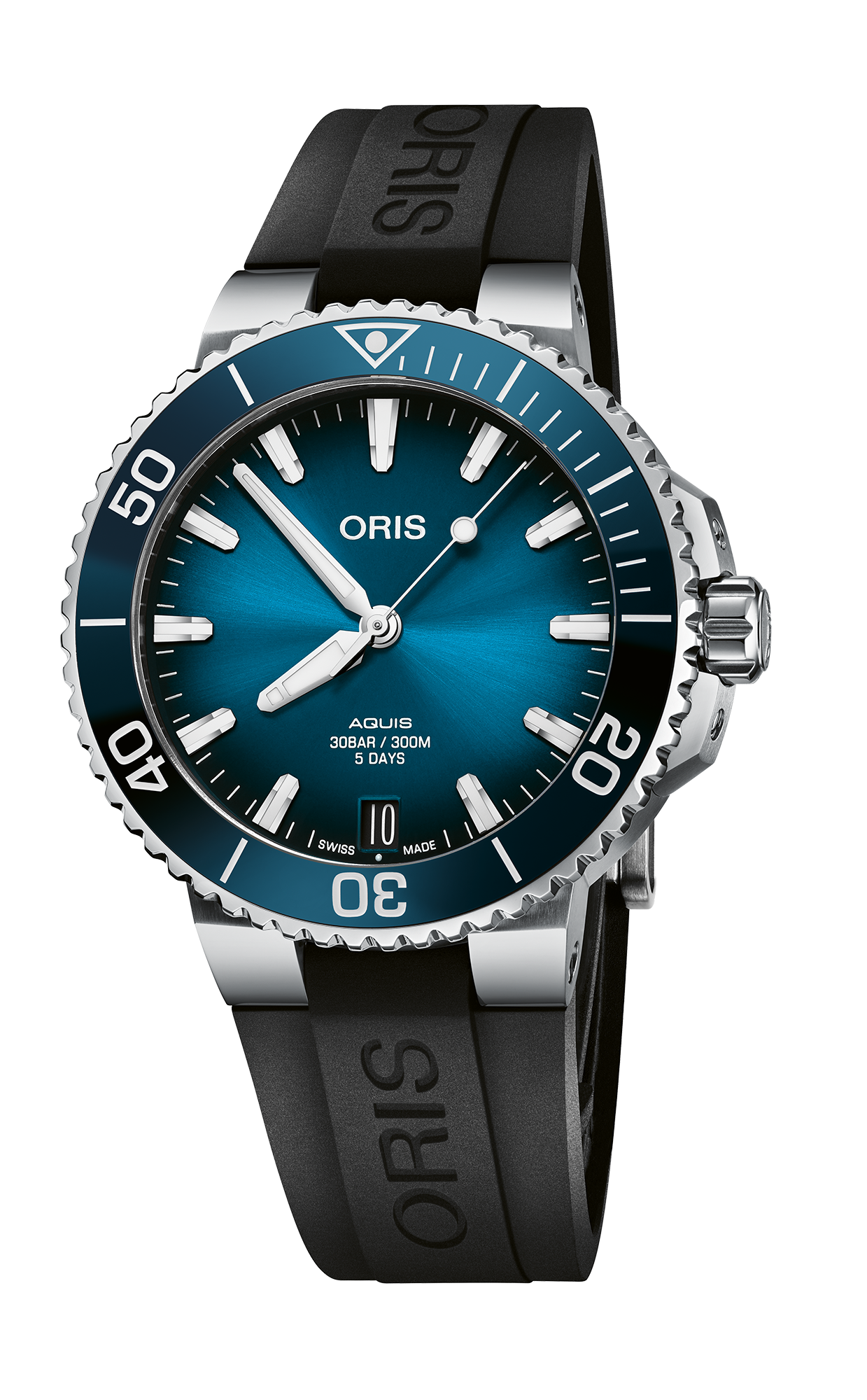 Aquis Date Calibre 400, 41.50 mm, Blue, Rubber Strap, Stainless steel screw-in security crown, Multi-piece stainless steel case, ceramic minutes scale top ring