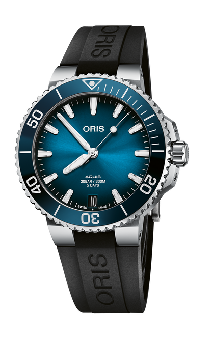 Aquis Date Calibre 400, 41.50 mm, Blue, Rubber Strap, Stainless steel screw-in security crown, Multi-piece stainless steel case, ceramic minutes scale top ring