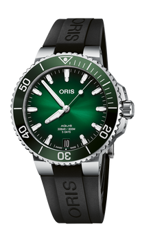 Aquis Date Calibre 400, 41.50 mm, Green, Rubber Strap, Stainless steel screw-in security crown, Multi-piece stainless steel case, ceramic minutes scale top ring