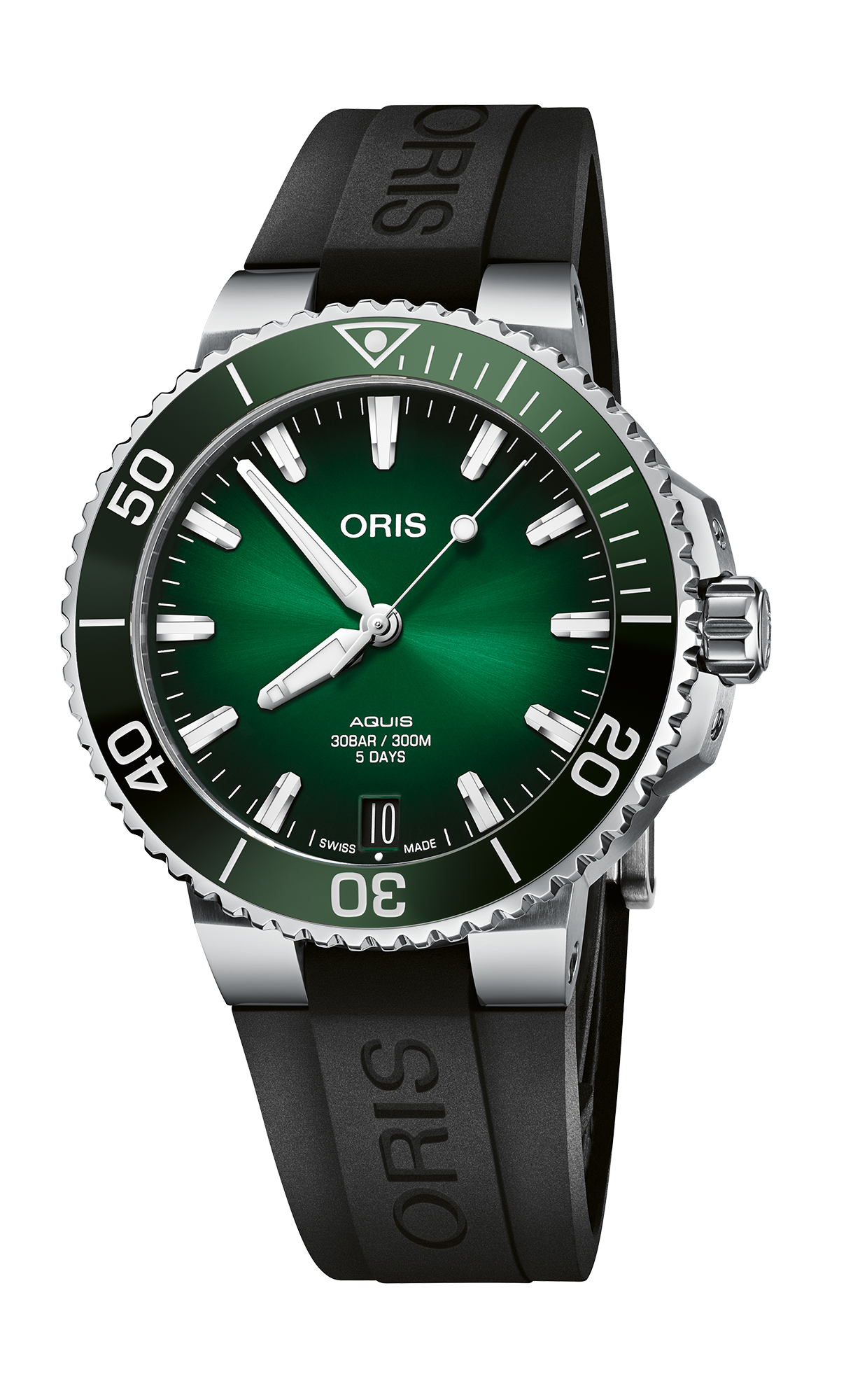 Aquis Date Calibre 400, 41.50 mm, Green, Rubber Strap, Stainless steel screw-in security crown, Multi-piece stainless steel case, ceramic minutes scale top ring