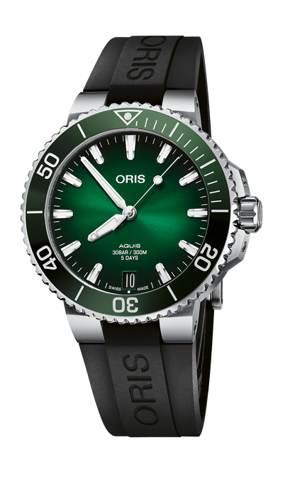 Aquis Date Calibre 400, 41.50 mm, Green, Rubber Strap, Stainless steel screw-in security crown, Multi-piece stainless steel case, ceramic minutes scale top ring