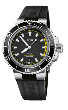 Aquis Depth Gauge, 45.80 mm, Black, Rubber Strap, Stainless steel crown, Multi-piece stainless steel case, ceramic minutes scale top ring