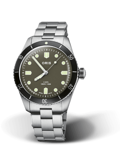 Oris X Hodinkee Calibre 400 Limited Edition, 38.00 mm, Green, Stainless steel Strap, Stainless steel screw-in security crown, Multi-piece stainless steel case, minutes scale top ring
