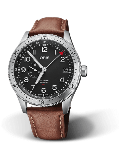 Big Crown ProPilot Timer GMT, 44mm, Black, Leather Strap, Stainless steel screw-in security crown, Multi-piece stainless steel case, minutes scale top ring