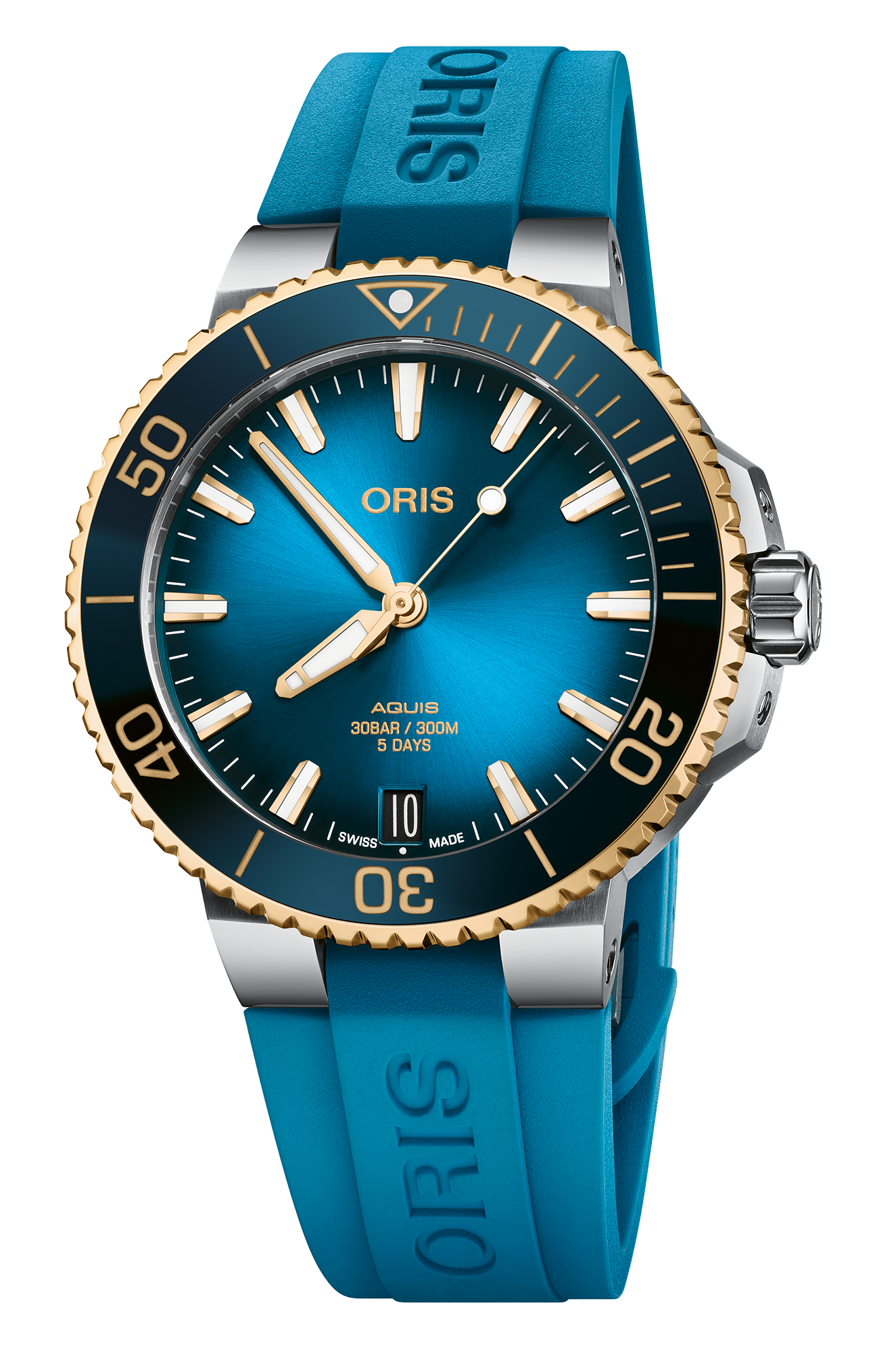 Aquis Date Calibre 400, 41.50 mm, Blue, Rubber Strap, Stainless steel screw-in security crown, Multi-piece stainless steel case, 18K yellow gold turning top ring, ceramic minutes scale top ring