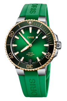 Aquis Date Calibre 400, 41.50 mm, Green, Rubber Strap, Stainless steel screw-in security crown, Multi-piece stainless steel case, 18K yellow gold turning top ring, ceramic minutes scale top ring