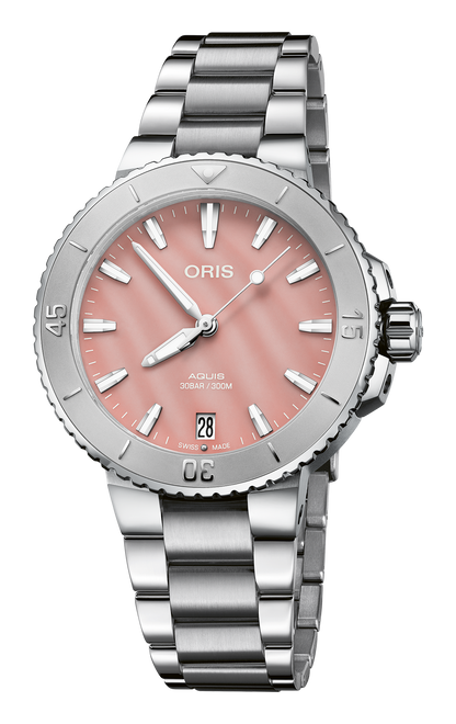 Aquis Date, 36.50 mm, Red, Stainless steel Strap, Stainless steel screw-in security crown, Multi-piece stainless steel case, minutes scale top ring