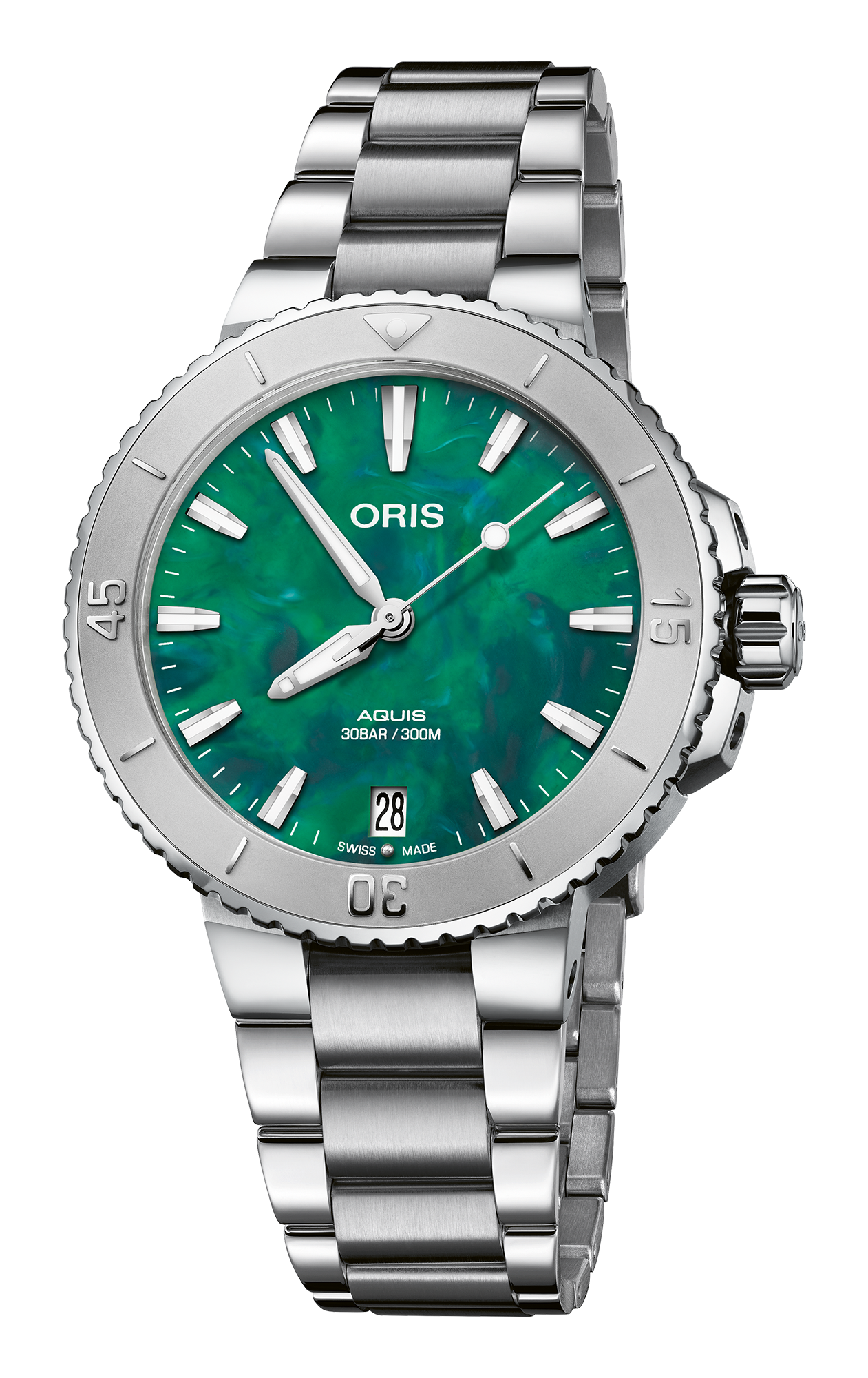 Oris X Bracenet, 36.50 mm, Green, Stainless steel Strap, Stainless steel screw-in security crown, Multi-piece stainless steel case, minutes scale top ring