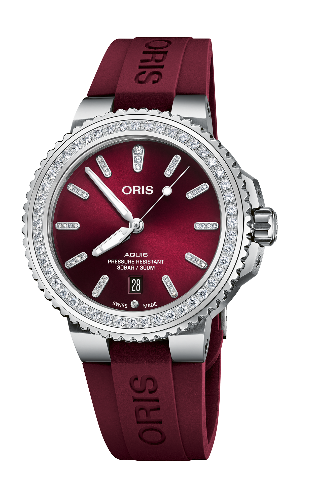 Aquis Date Diamonds, 41.50 mm, Red, Rubber Strap, Stainless steel screw-in security crown, Multi-piece stainless steel case, set with 48 Top Wesselton G, VVS Lab diamonds (1.2 ctw.)