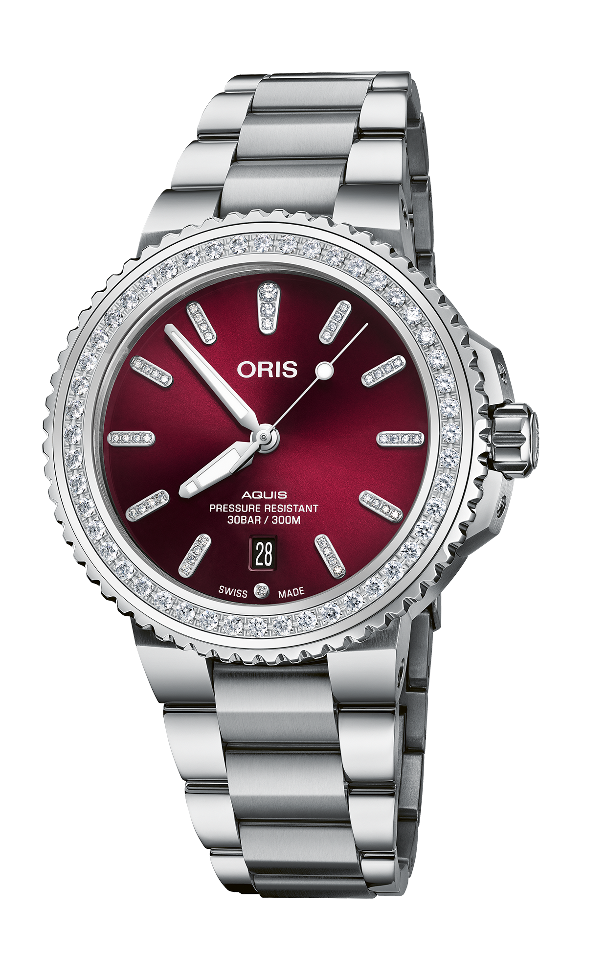 Aquis Date Diamonds, 41.50 mm, Red, Stainless steel Strap, Stainless steel screw-in security crown, Multi-piece stainless steel case, set with 48 Top Wesselton G, VVS Lab diamonds (1.2 ctw.)