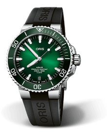 Aquis Date Calibre 400, 43.50 mm, Green, Rubber Strap, Stainless steel screw-in security crown, Multi-piece stainless steel case, ceramic minutes scale top ring
