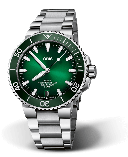 Aquis Date Calibre 400, 43.50 mm, Green, Stainless steel Strap, Stainless steel screw-in security crown, Multi-piece stainless steel case, ceramic minutes scale top ring