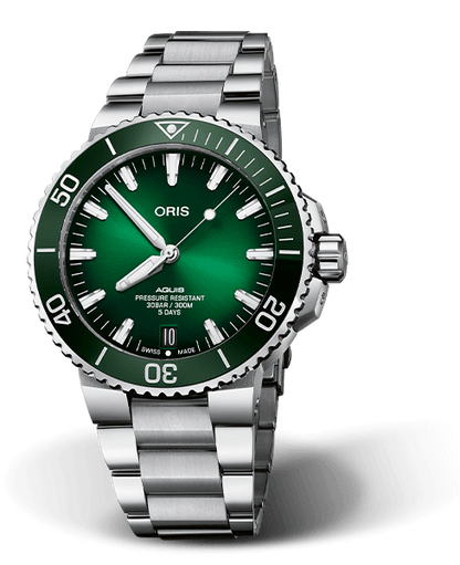 Aquis Date Calibre 400, 43.50 mm, Green, Stainless steel Strap, Stainless steel screw-in security crown, Multi-piece stainless steel case, ceramic minutes scale top ring