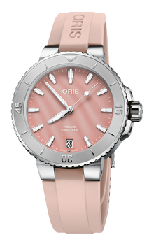 Aquis Date, 36.50 mm, Red, Rubber Strap, Stainless steel screw-in security crown, Multi-piece stainless steel case, minutes scale top ring