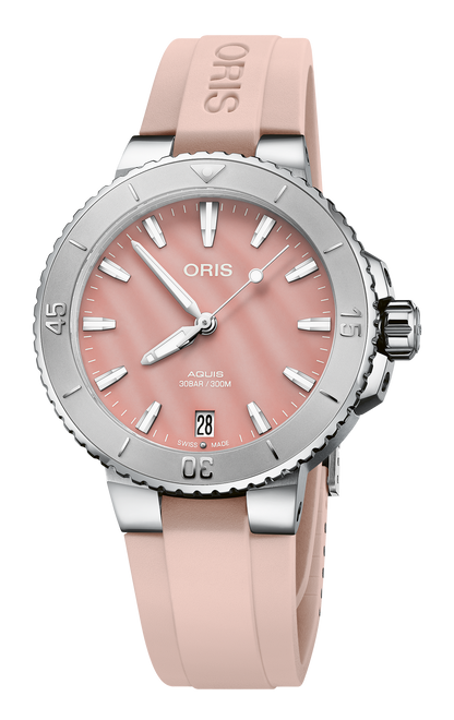 Aquis Date, 36.50 mm, Red, Rubber Strap, Stainless steel screw-in security crown, Multi-piece stainless steel case, minutes scale top ring