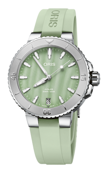 Aquis Date, 36.50 mm, Green, Rubber Strap, Stainless steel screw-in security crown, Multi-piece stainless steel case, minutes scale top ring