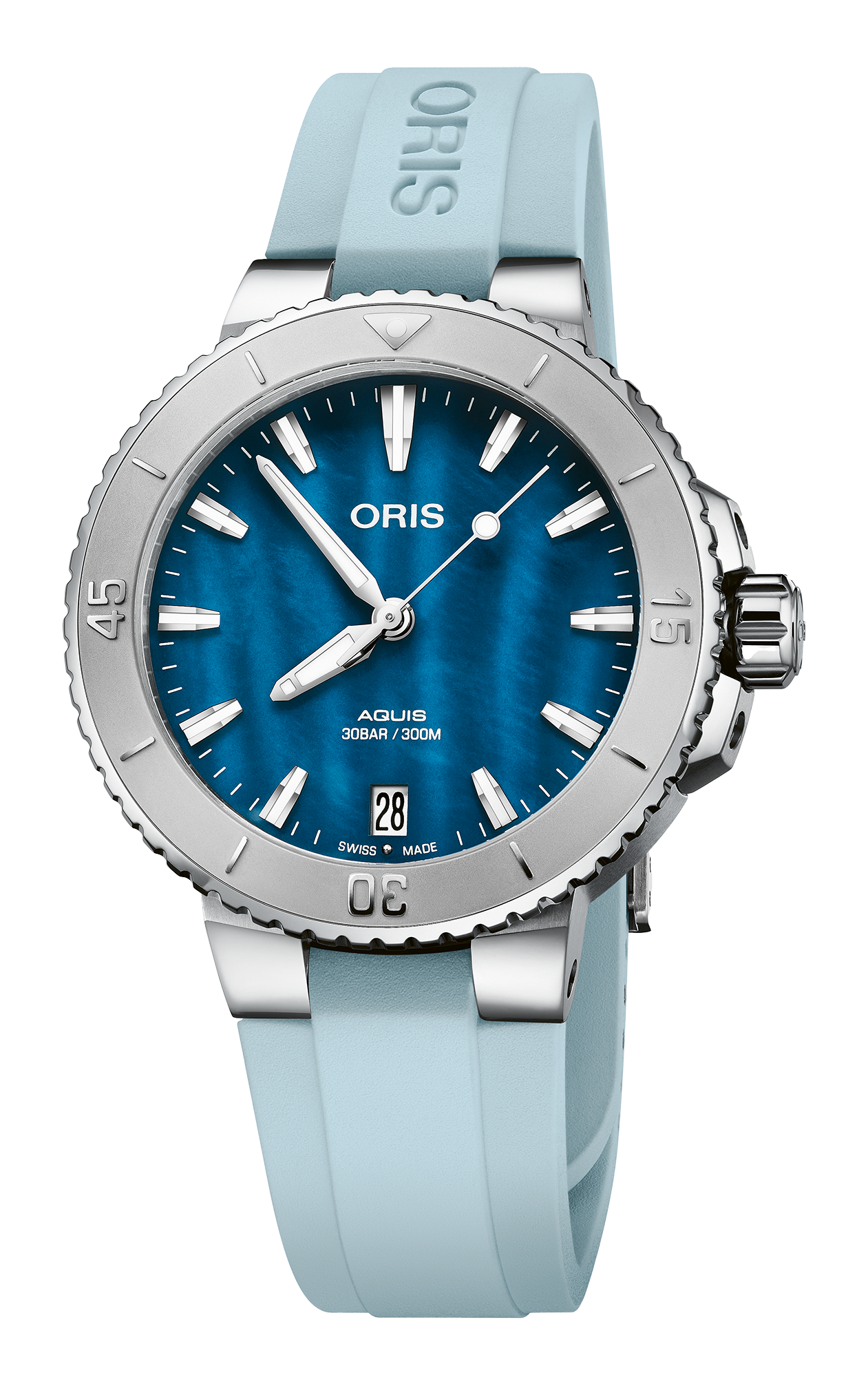 Aquis Date, 36.50 mm, Blue, Rubber Strap, Stainless steel screw-in security crown, Multi-piece stainless steel case, minutes scale top ring