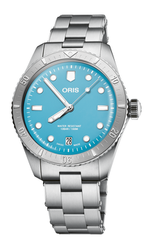 Divers Sixty-Five 'Cotton Candy', 38.00 mm, Blue, Stainless steel Strap, Stainless steel screw-in security crown, Multi-piece stainless steel case, minutes scale top ring