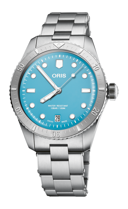 Divers Sixty-Five 'Cotton Candy', 38.00 mm, Blue, Stainless steel Strap, Stainless steel screw-in security crown, Multi-piece stainless steel case, minutes scale top ring