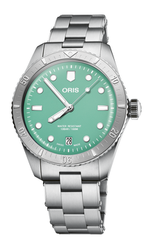 Divers Sixty-Five 'Cotton Candy', 38.00 mm, Green, Stainless steel Strap, Stainless steel screw-in security crown, Multi-piece stainless steel case, minutes scale top ring