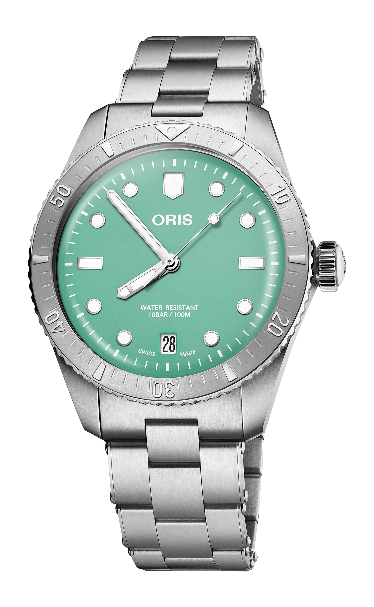 Divers Sixty-Five 'Cotton Candy', 38.00 mm, Green, Stainless steel Strap, Stainless steel screw-in security crown, Multi-piece stainless steel case, minutes scale top ring