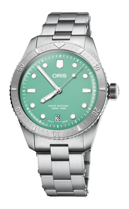 Divers Sixty-Five 'Cotton Candy', 38.00 mm, Green, Stainless steel Strap, Stainless steel screw-in security crown, Multi-piece stainless steel case, minutes scale top ring