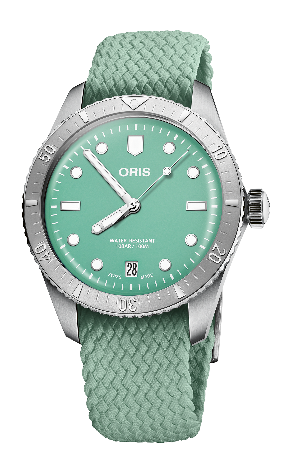 Divers Sixty-Five 'Cotton Candy', 38.00 mm, Green, Textile Strap, Stainless steel screw-in security crown, Multi-piece stainless steel case, minutes scale top ring
