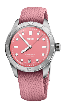 Divers Sixty-Five 'Cotton Candy', 38.00 mm, Red, Textile Strap, Stainless steel screw-in security crown, Multi-piece stainless steel case, minutes scale top ring
