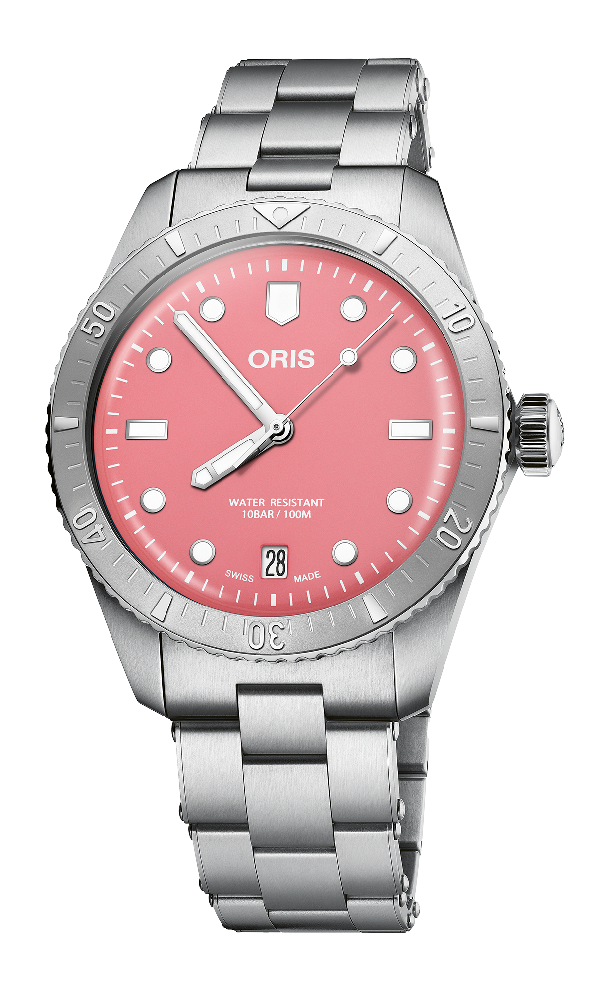 Divers Sixty-Five 'Cotton Candy', 38.00 mm, Red, Stainless steel Strap, Stainless steel screw-in security crown, Multi-piece stainless steel case, minutes scale top ring