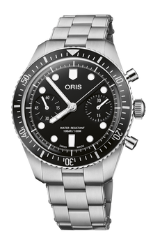 Divers Sixty-Five Chronograph, 40.00 mm, Black, Stainless steel Strap, Stainless steel screw-in security crown and pushers, Multi-piece stainless steel case, minutes scale top ring