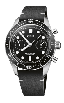 Divers Sixty-Five Chronograph, 40.00 mm, Black, Leather Strap, Stainless steel screw-in security crown and pushers, Multi-piece stainless steel case, minutes scale top ring