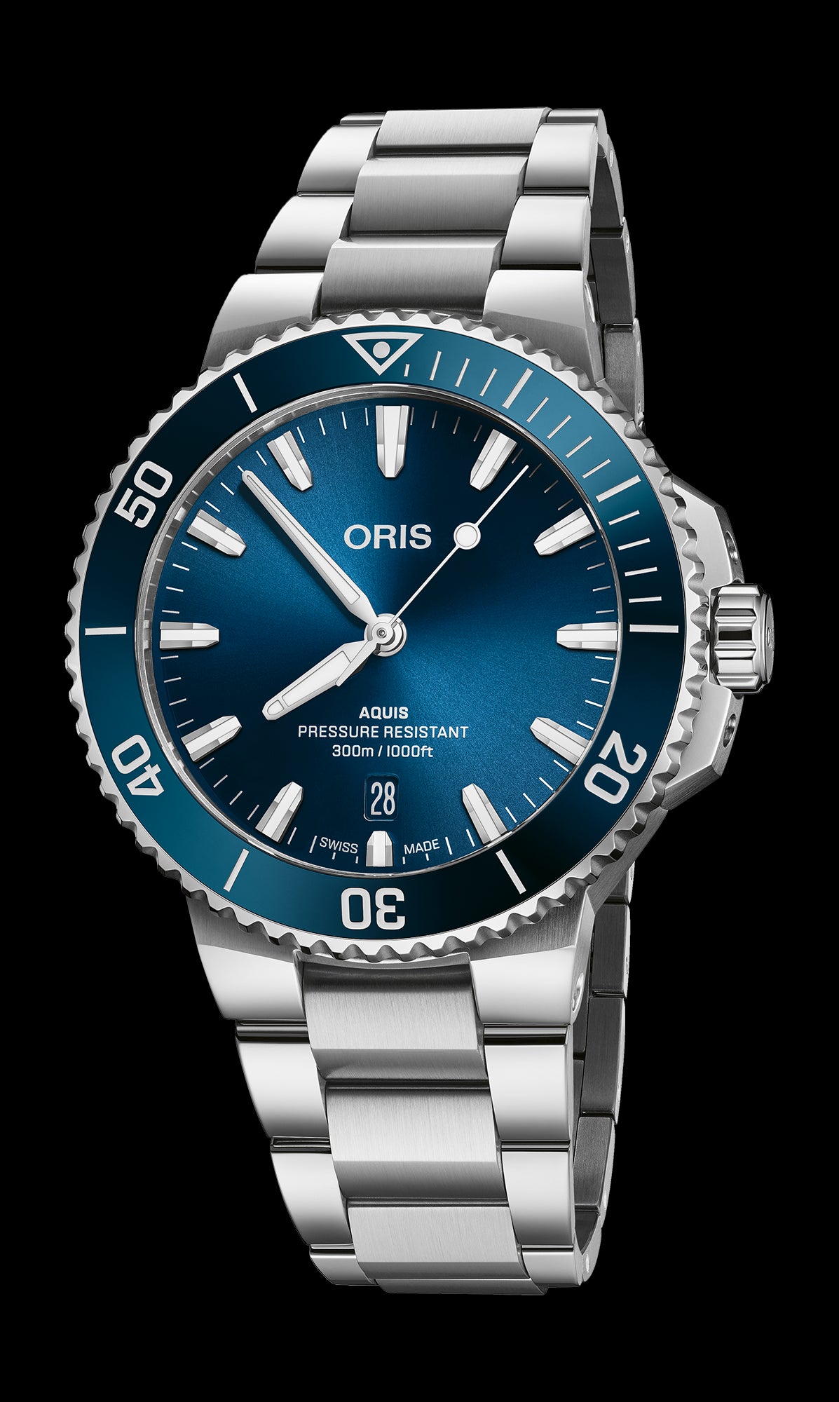 Aquis Date, 41.50 mm, Blue, Stainless steel Strap, Stainless steel screw-in security crown, Multi-piece stainless steel case, ceramic minutes scale top ring